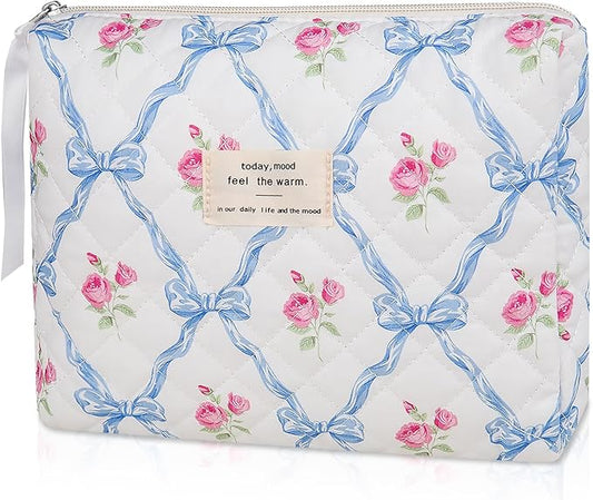 Floral Makeup Bag, Small Cosmetic Bag for Women Girls, Cute Cotton Makeup Bag, Quilted Makeup Bags, Flower Travel Toiletry Organizer Bag(Blue Flower)