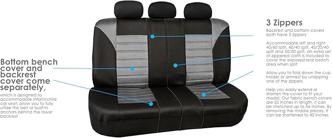 FH Group Car Seat Cover for Back Seat Premium 3D Air Mesh Gray Seat Cover Universal Fit Rear Seat Cover Split Bench Car Seat Protector for Dogs and Kids, Car Interior Accessories for SUV Sedan Van
