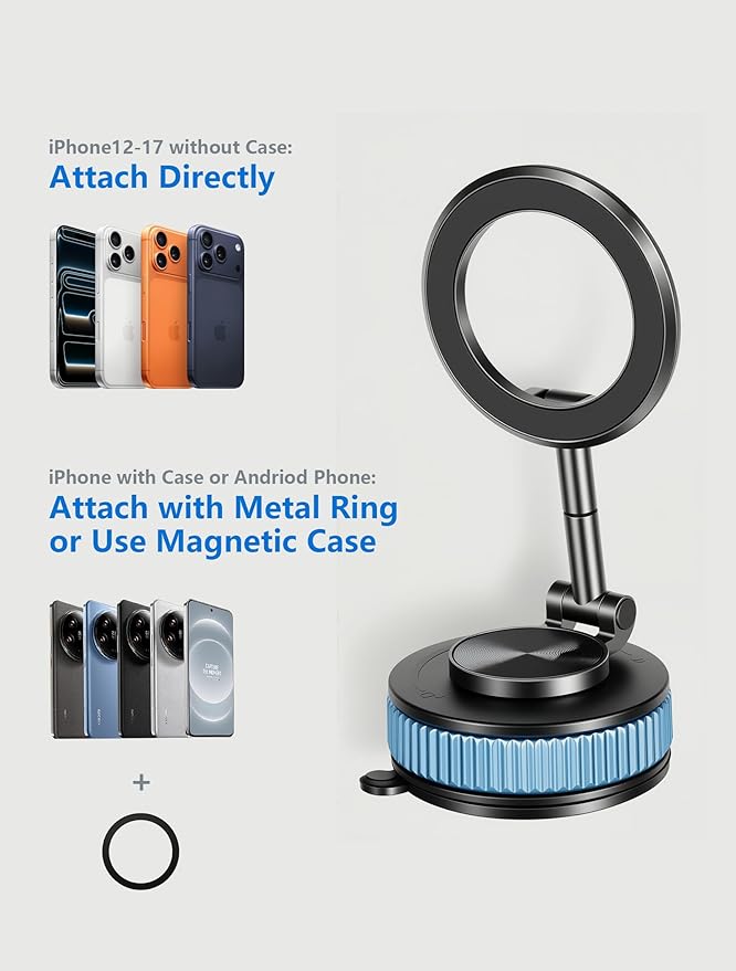 Magnetic Phone Holder car，Metal Body Durable and Solid,Vacuum Suction Cup Phone Holder, Magsafe Car Mount for iPhone, Folding Holder for iPhone and Android