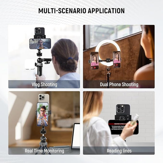 NEEWER Metal Phone Tripod Mount Adapter with Arca QR Base, 360° Rotatable Dual Cell Phone Clip Clamp Holder with 4 Cold Shoes Compatible with iPhone Samsung for Vlog Live Stream Video Recording, SP-08