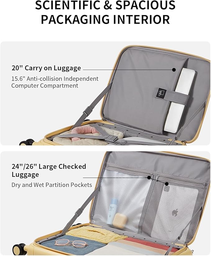 aji Expandable Top Open 26 Inch Checked Luggage with Spinner Wheels, Large Suitcase with TSA Lock, Hardside Travel Luggage Suitcases for Men Women, for 24+Days Travel, Cheese Yellow