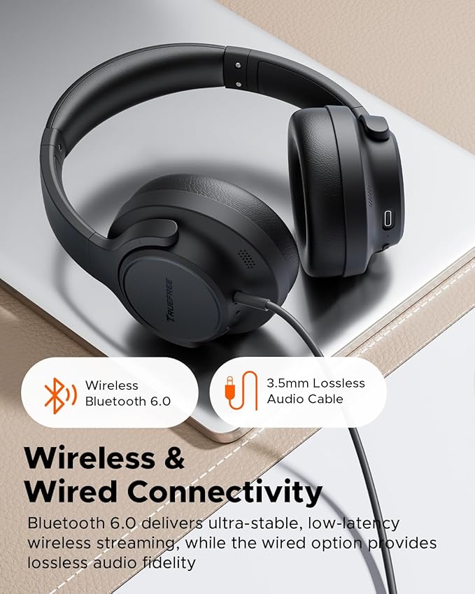Truefree HF10 Hybrid Active Noise Cancelling Headphones, Wireless Over Ear Bluetooth 6.0 ANC Headset, 125 Hours Playtime, Spatial Audio, Deep Bass, App Custom EQ, Dual Connection, Comfort Fit Ear Cups