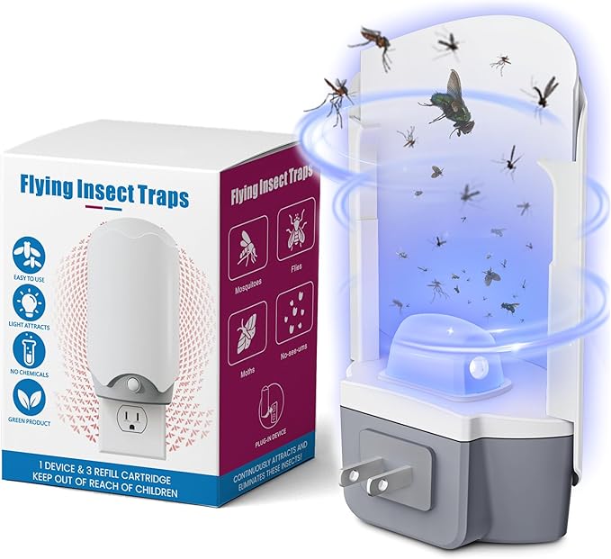 Fly Trap Indoor 1 Pack and 3 Refills Glue Cards – Flying Insect Trap, Fruit Fly & Gnat Trap for Indoor Use, Quiet Bug Catcher for Mosquitoes, Flies & Flying Insects