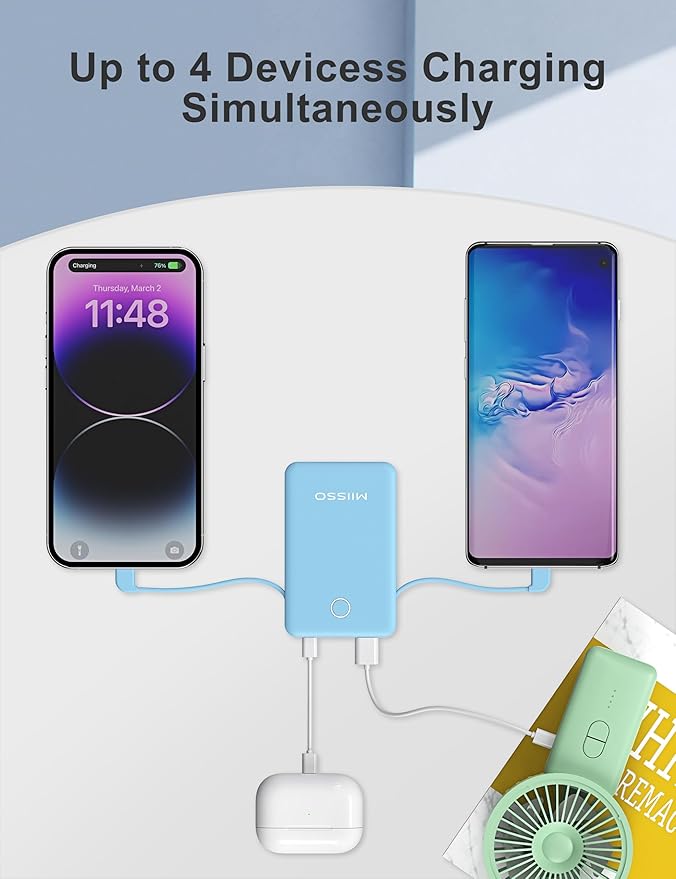 6000mah Ultra Slim Built in Cables Power Bank, Card Size Built in USB C Cords Battery Pack Portable Charger for Phones, 3 Output External Battery Pack Compatible with iPhone, Blue