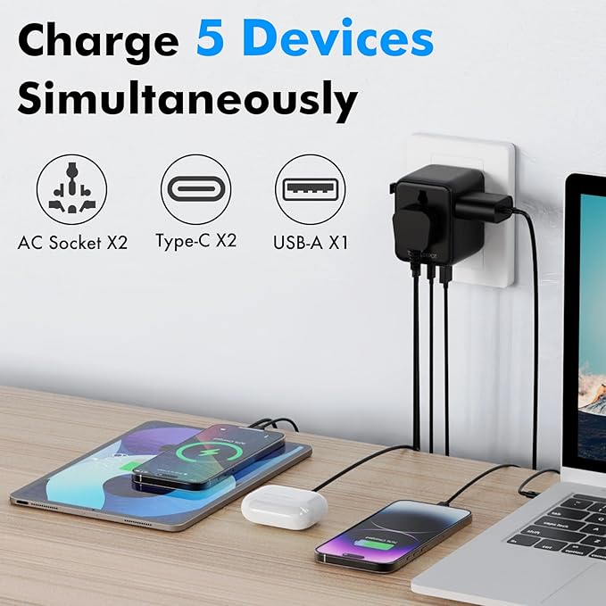 Universal Travel Adapter w/USB Ports, GaN All in One Worldwide Plug Adapter, International Power Converter for All Devices, Wall Charger AC Power Type C Charging Ports for USA EU UK AUS