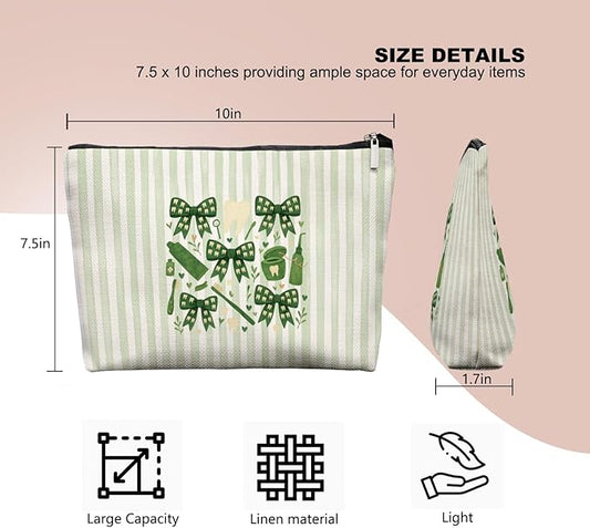 Smile Dental Care Makeup Bag, Cute Tooth & Bow Cosmetic Pouch for Dental Assistant Hygienist Dentist Gift for Women (Green)