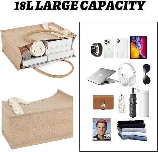 10pcs Burlap Tote Bag Set with Handles, Waterproof Reusable Blank Water Resistant Grocery Bags with Ribbon Large Jute Tote 15.35*6*12 Inch for Women Bridesmaid Gift Beach Shopping Wedding Travel DIY