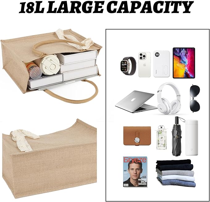 6pcs Burlap Tote Bag Set with Handles, Waterproof Reusable Blank Water Resistant Grocery Bags with Ribbon Large Jute Tote 15.35*6*12 Inch for Women Bridesmaid Gift Beach Shopping Wedding Travel DIY