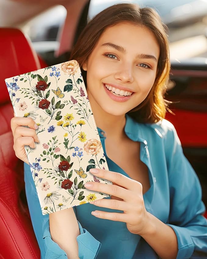 Slohif Car Registration and Insurance Card Holder with Magnetic Shut - Vehicle Glove Box Organizer Women Leather Automobile License Holders Coasters Auto Accessories Case for Document,Retro Flower