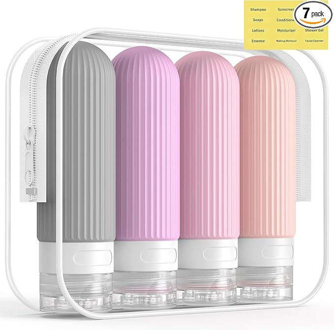 ME.FAN Travel Bottles for Toiletries, TSA Approved 3oz Silicone Journey Size Containers, Portable Split Bottle for Conditioner, Shampoo, Lotion- 4 Pack Purple