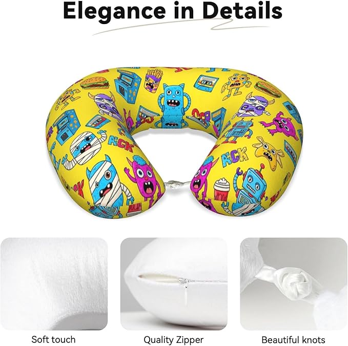 Comfortable Memory Foam Travel Neck Pillow, Funny Chin/Head Cushion Supporting Airplane Car Pillows Trippy Anime Monster Hamburger Drink for Sleeping Outdoors Travel Office