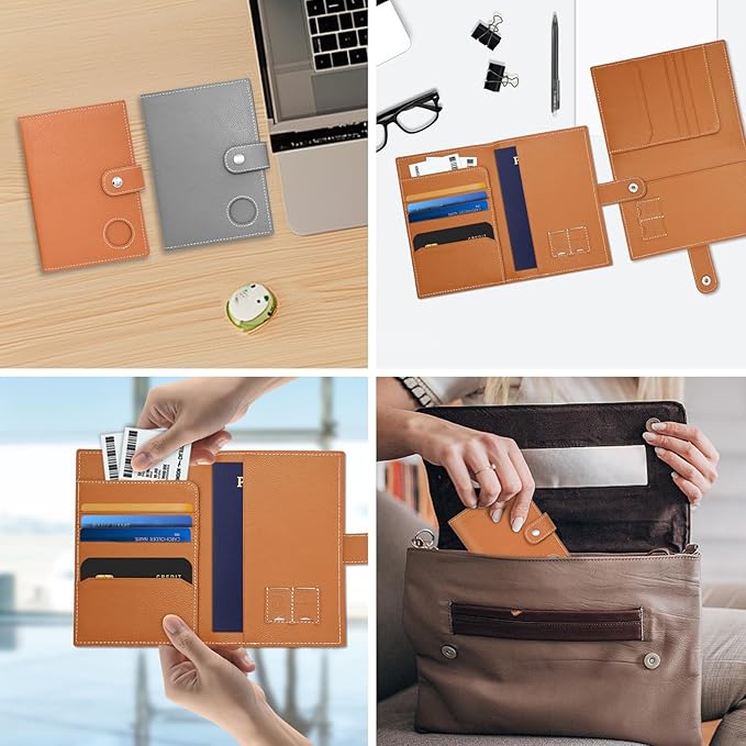 Genuine Leather Passport Holder, RFID Blocking Travel Wallet for Men/Women, Stylish Passport Cover with Airtag Slot, Durable Passport Wallet case travel essentials (Brown)