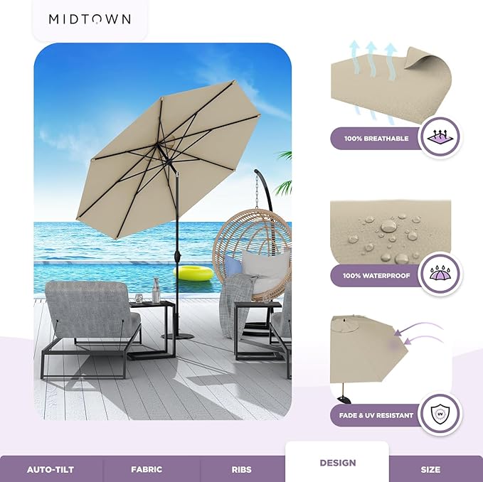 Midtown Umbrellas 10-Year-No-Fade - 6 Ft - UV Proof Beige Polyester Fabric - Umbrella Outdoor Patio, Auto-Tilt Aluminum Frame Large Patio Umbrella for Garden, Pool & Deck - Black Pole