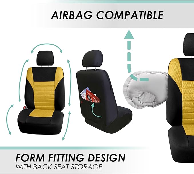 FH Group Automotive Car Seat Covers Front Set Premium 3D Air Mesh Front Seat Covers, Airbag Compatible Universal Fit Interior Accessories for Cars Trucks and SUVs - Yellow