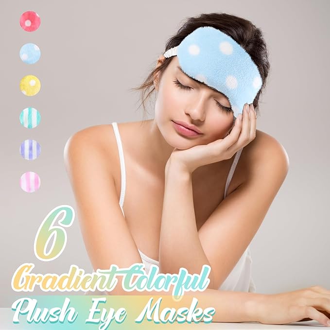 Cuffbow 6 Pcs Plush Sleep Eye Mask Silk Furry Eye Covers for Sleeping Cute Sleep Mask Fluffy Comfortable Sleeping Blindfold for Travel Sleepover Nap Party Supply Women(Lazy,Bright)