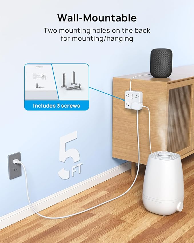 TROND 2 Prong Power Strip: 1440J Surge Protector, 5ft Extension Cord with Multiple AC Outlets & USB Ports, Wall Mount Adapter for Non-Grounded Plug, White