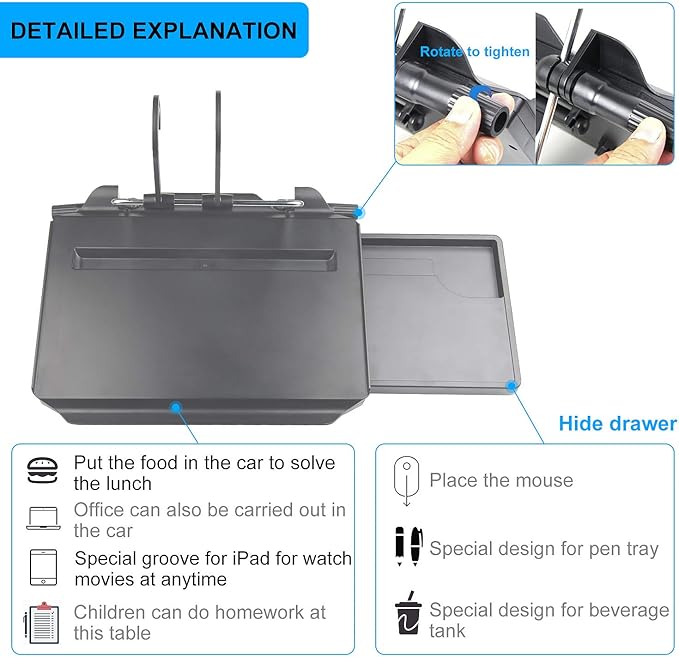 CPROSP Car Steering Wheel Seat Tray Desk Foldable Portable with Mouse Drawer for Eating Writing Working in Car, with Notebook Groove/Drink Cup Groove