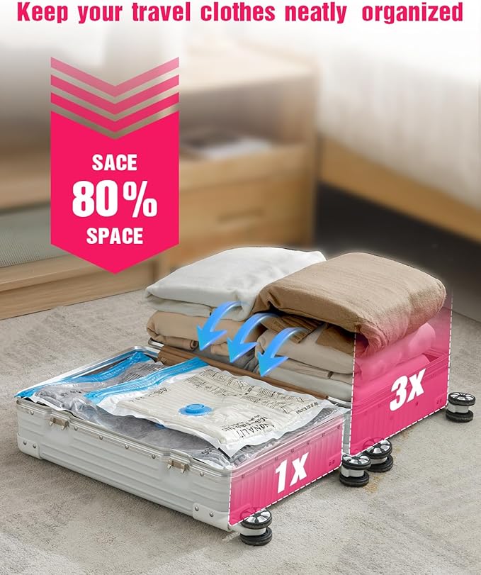 Travel Vacuum Storage Bags with Hand Pump, 8 Pack (4S+4XS) Vacuum Seal Bag Travel Essentials Space Saving Bags for Clothes, Luggage, Carry-on Suitcase, Backpack, Holiday Business Trip