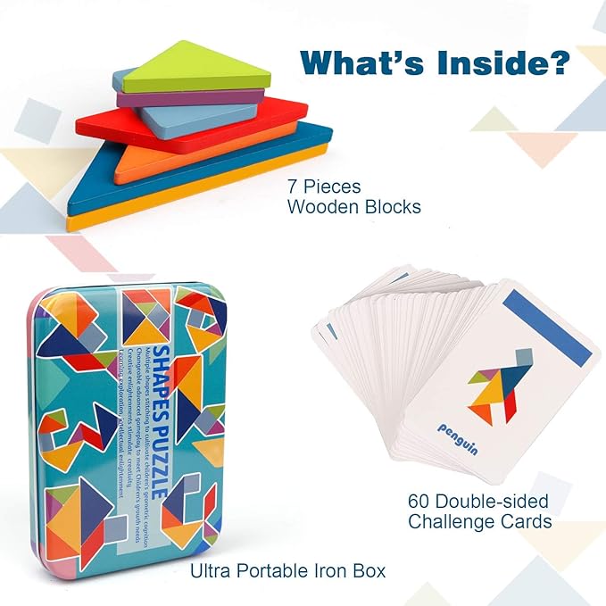 Vanmor Wooden Tangrams Sets Pattern Blocks, Shape Card Brain Teaser Puzzles Educational Toy, Travel Games for Kids Ages 4-8 Road Trip Essentials
