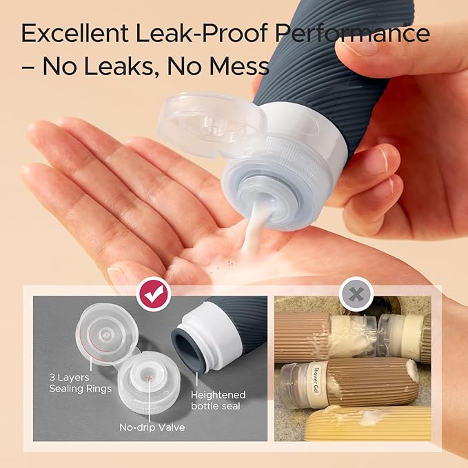 LitBear 23 Pack TSA Approved Travel Bottles for Toiletries, Leak Proof Refillable Travel Size Containers Kit with Silicone Squeezable Bottles Jars for Shampoo Lotion Conditioner, in Clear Bag, Gray