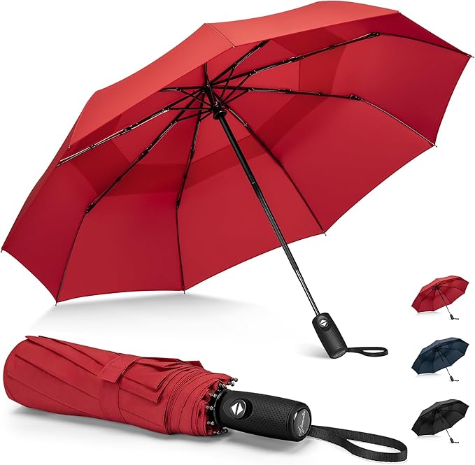NINEMAX Windproof Travel Umbrella for Rain, Automatic Umbrellas Double Canopy Vented Compact for Men Women(Red)