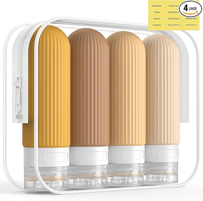 ME.FAN Travel Bottles for Toiletries, TSA Approved 3oz Silicone Journey Size Containers, Portable Split Bottle for Conditioner, Shampoo, Lotion- 4 Pack Yellow