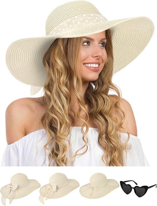 Senker Fashion Sun Hats for Women, Wide Brim Floppy Beach Straw Hat for Summer Travel Vacation Foldable with Sunglasses