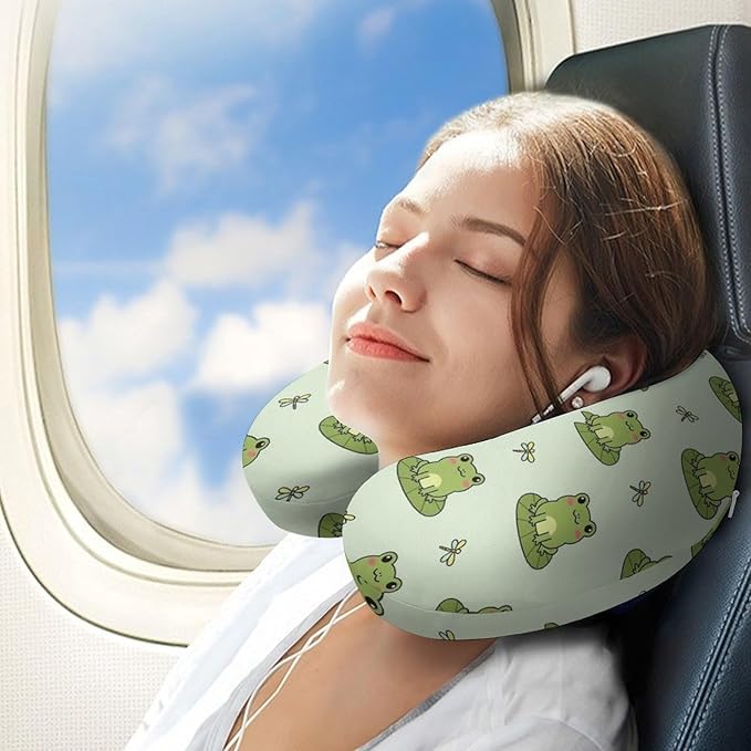 Lightweight Travel Neck Pillow Cute Animal Green Frogs Memory Foam U Shaped Cushion, Washable Removable Cover for Airplane Car Outdoor Rest