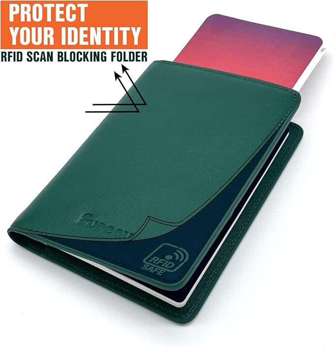 Passport holder for travel, Genuine Nappa Leather Passport Cover with RFID blocking. A must-have Airport Travel safety essentials for both men and women.(Green/Brown)