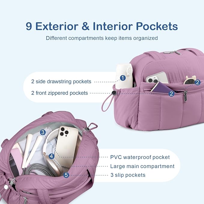 TOPDesign Travel Duffel Bag for Women, Puffer Gym Bag Sports Tote with Wet Pocket, Carry On Weekender with Luggage Sleeve (Purple)