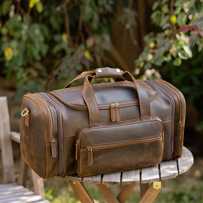 Polare 23'' Expandable to 28'' Full Grain Cowhide Leather Vintage Duffle Weekender Overnight Travel Duffel Bag For Men