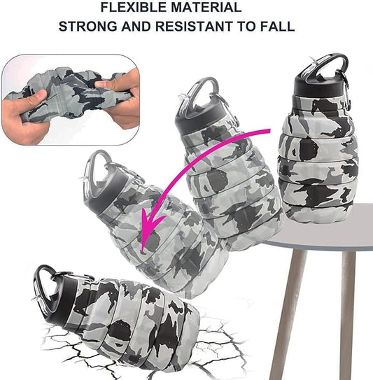 QiCheng&LYS Collapsible Water Bottle – Reuseable BPA Free Silicone Travel Water Bottle Collapsible Very Suitable for Sport Hiking, Camping and Outdoortravel -19.5oz/580ML（Camouflage light grey）