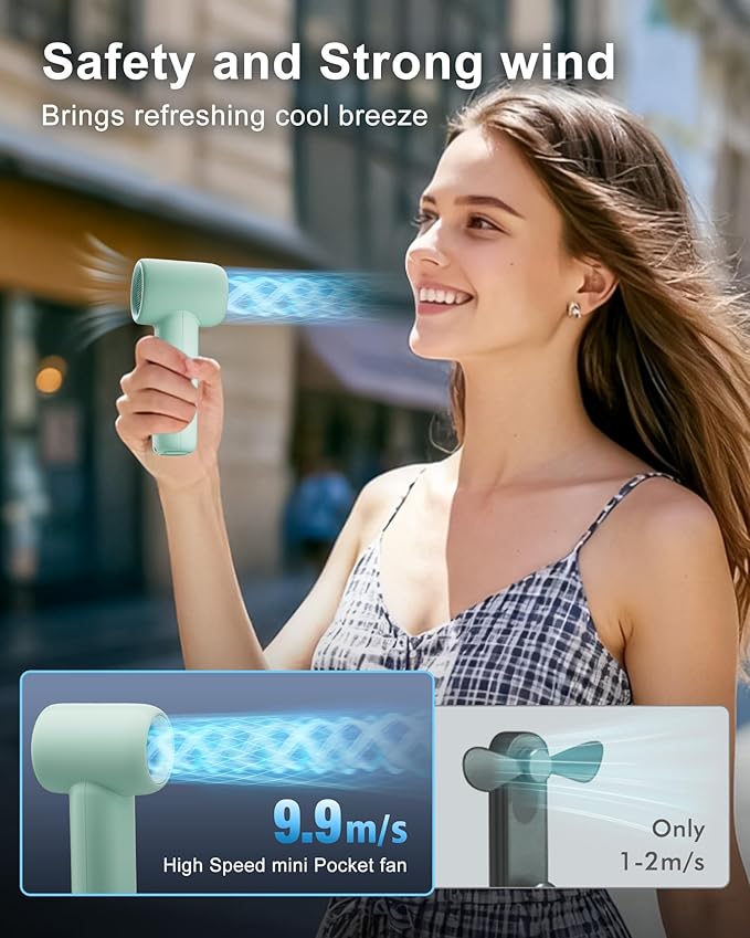 WHATOOK Mini Pocket Fan Portable Handheld Fans,3000mah Small Rechargeable Turbo Personal Fan Travel Essential Outdoor Activities Beach Vacations Camping Gifts for Women face makeup skincare (Green)