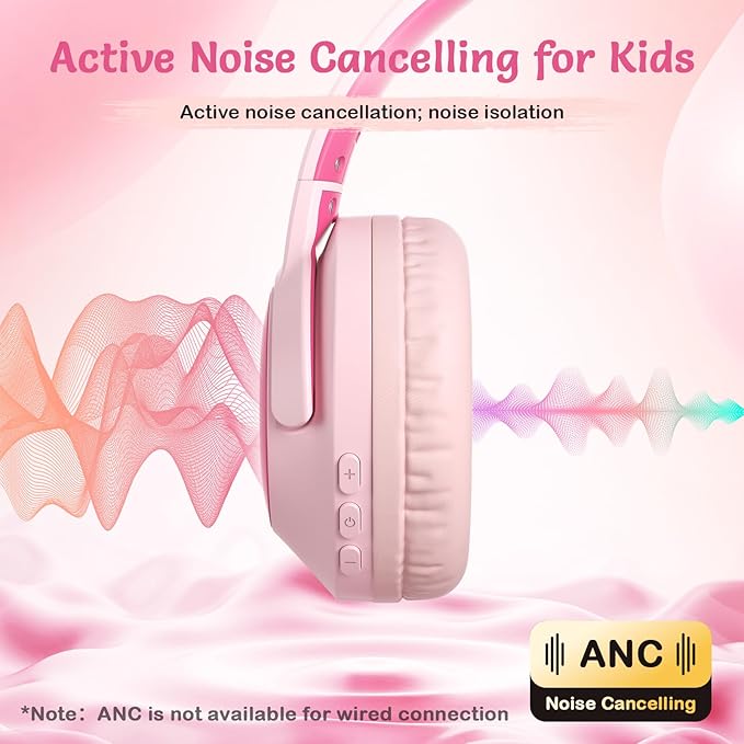 Kids Bluetooth Headphones with ANC, Wireless Over-Ear Headset for Boys and Girls, Foldable & Adjustable, Ideal for School, Travel and Online Learning (Pink)