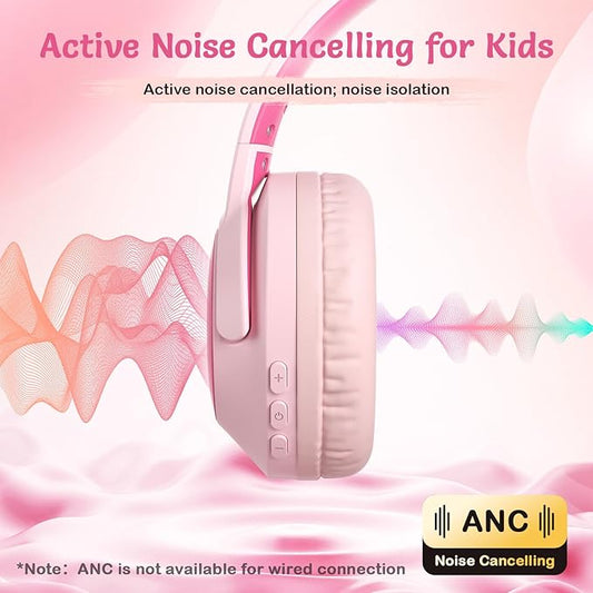 Kids Bluetooth Headphones with ANC, Wireless Over-Ear Headset for Boys and Girls, Foldable & Adjustable, Ideal for School, Travel and Online Learning (Pink)