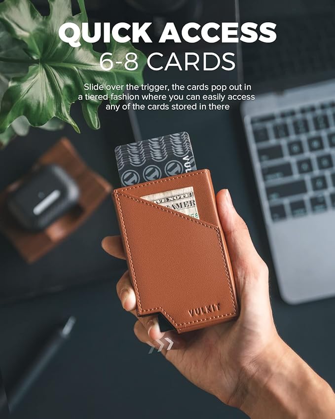 VULKIT Pop up Card Wallet RFID Blocking Slim Aluminum Metal Bank Card Holder Case with Business Money Pocket for Credit Cards Notes and Coins (Brown)