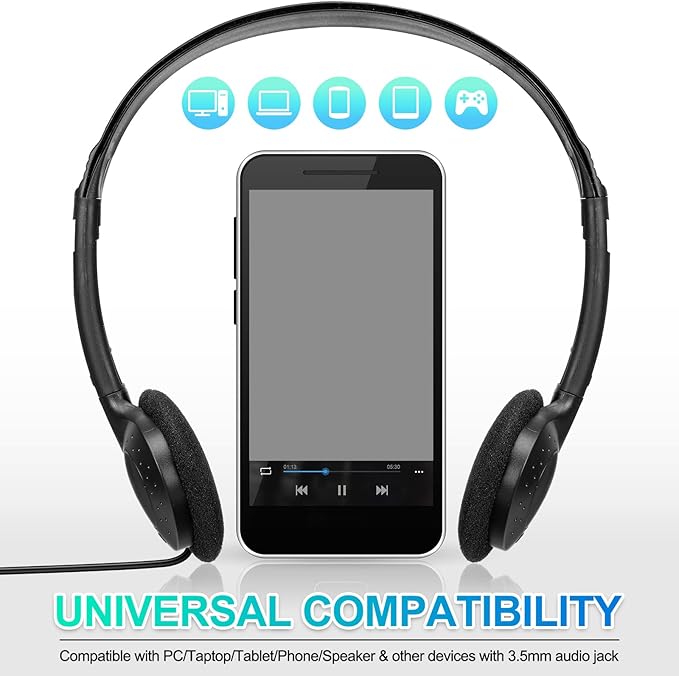 Flutesan 60 Pieces Classroom School Headphones Bulk on Ear Headphone with 3.5mm Headphone Plug in Adjustable Disposable for Kids Adults Student Noise Stereo Sound Library No Microphone