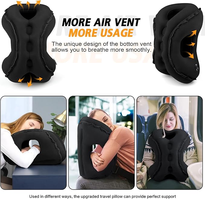 Inflatable Travel Pillow,Multifunction Travel Neck Pillow for Airplane to Avoid Neck and Shoulder Pain,Support Head,Neck,Used for Sleeping Rest, Airplane and Home Use,with Eye Mask, Earplugs, Black
