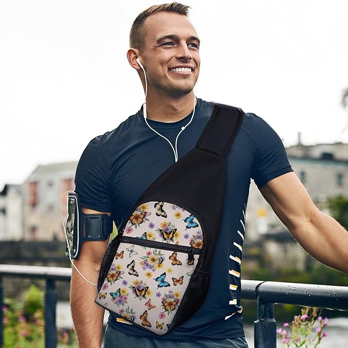SWEET TANG Fashion Sling Backpack, Sling Shoulder Bag, Outdoor Chest Crossbody Bike Gym Runner Daypack with Adjustable Strap for Men Women, Beautiful Butterfly Vintage Botanical Butterflies