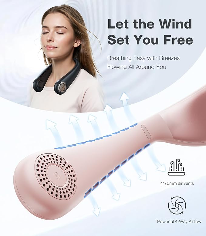 TORRAS COOLiFY Air 2025 Upgraded Neck Fan Air Conditioner, Ultra-Light Portable Fan Rechargeable, Personal Cooling Neck with 3 Modes Fan/Cooler/Heat for Travel, Camping, Outdoor Gift for Women, Pink