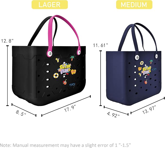 2-Piece Tote Bag Set, Waterproof Rubber Beach Bag with Summer Pattern, Medium & Large Handbag for Pool, Beach, Boat