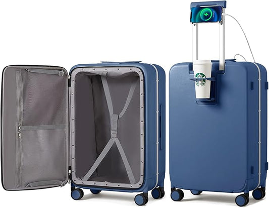 mixi Large Checked Luggage with Cup Phone Holder and Charger Hard Shell Suitcases with Spinner Wheels, 26 Inch Sapphire Blue