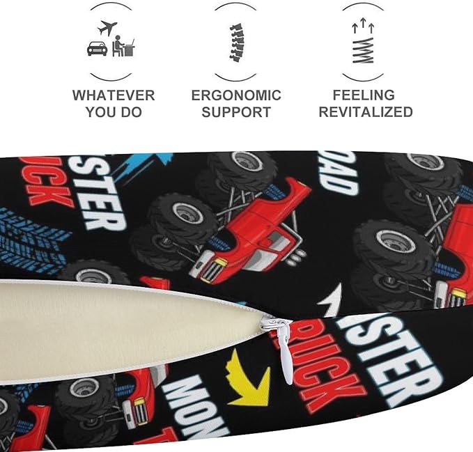 Stylish U Shaped Travel Neck Pillow Memory Foam Chin Support Monster Truck Car Red Black, Breathable Washable Cover for Airplane Car Office Decor