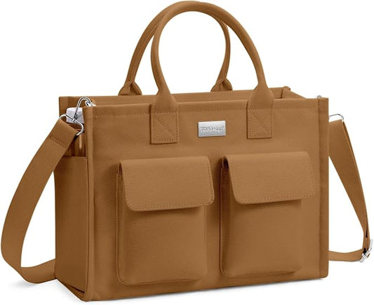 TOPDesign Heavy-Duty Canvas Tote Bag for Women, Adjustable Crossbody/Shoulder Handbag with 9 Pockets, Everything Tote