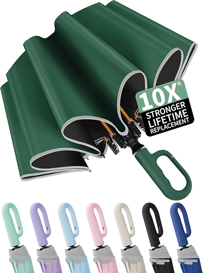 Seniny Travel Umbrella with Carabiner Handle, Windproof Large Umbrellas for Rain with Dual-Rib Structure, Portable Compact Umbrella with Reflective Strip, Car Backpack UV Umbrellas for Sun Protection