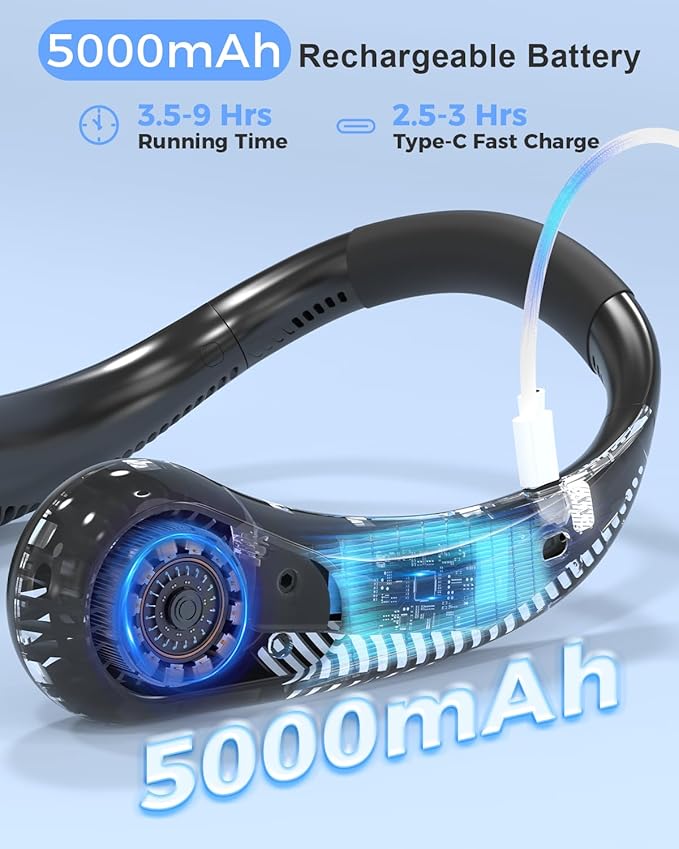 Bladeless Neck Fan, 5000mAh Rechargeable Battery Powered, 3 Speeds, Angle Adjustable, Hand-free Portable Neck Fan for Both Outdoor & Indoor Use, UL Certified, Black