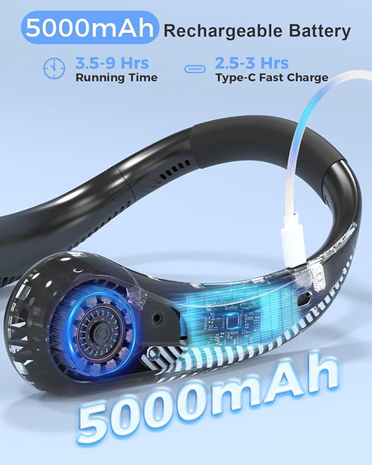 Bladeless Neck Fan, 5000mAh Rechargeable Battery Powered, 3 Speeds, Angle Adjustable, Hand-free Portable Neck Fan for Both Outdoor & Indoor Use, UL Certified, Black