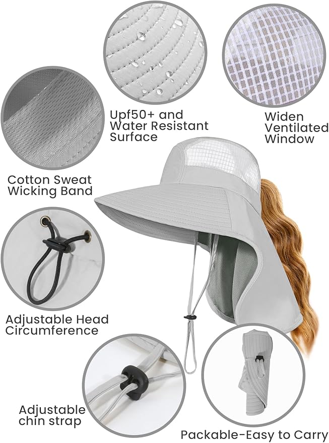Sun Hats for Women UV Protection with Neck Flap Wide Brim Beach Hats with Ponytail Hole for Hiking Fishing Gardening Travel