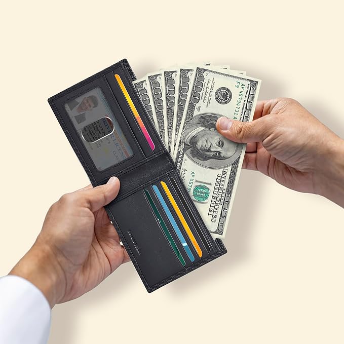 Oak Leathers Slim Leather Wallet for Men - RFID Blocking Slim Minimalist Front Pocket - Thin & Stylish with ID Window, Gift For Men (Small,01Black Carbon Fibre)