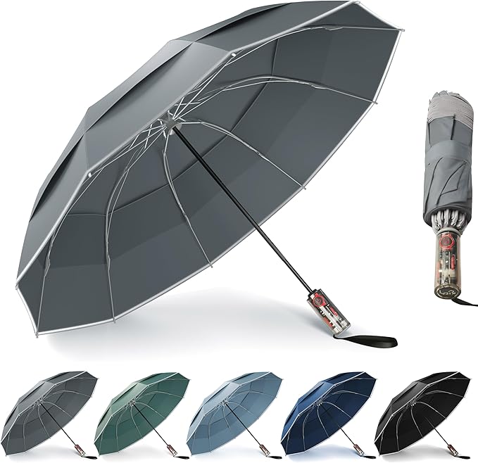 Urvoix Compact Golf Umbrellas Windproof, Travel Umbrella for Rain, 10 Ribs Aluminum Alloy & Fiberglass w/Reflective Stripe, Double Canopy Automatic Anti-bounce Close